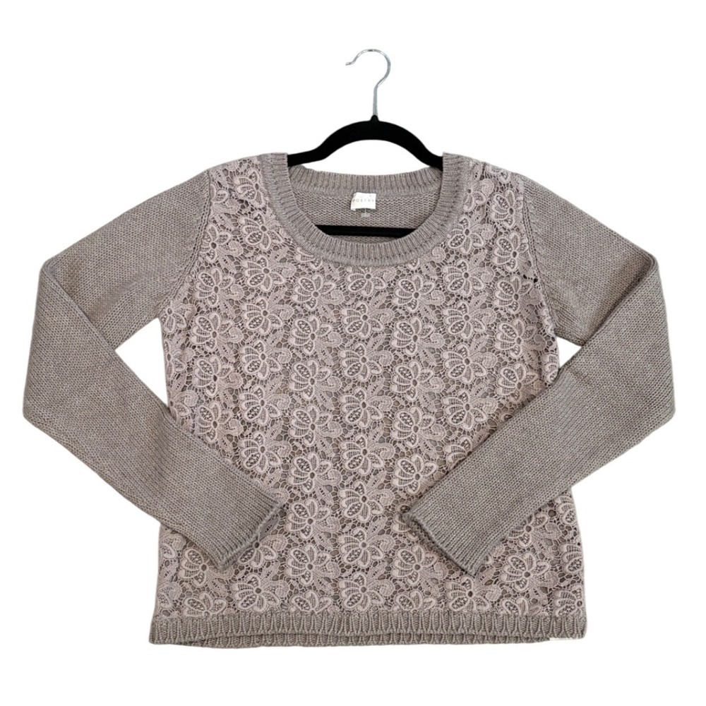 Poetry Knit Sweater Lace Front Crew Neck Long‎ Sleeve Taupe Cotton Size US 4